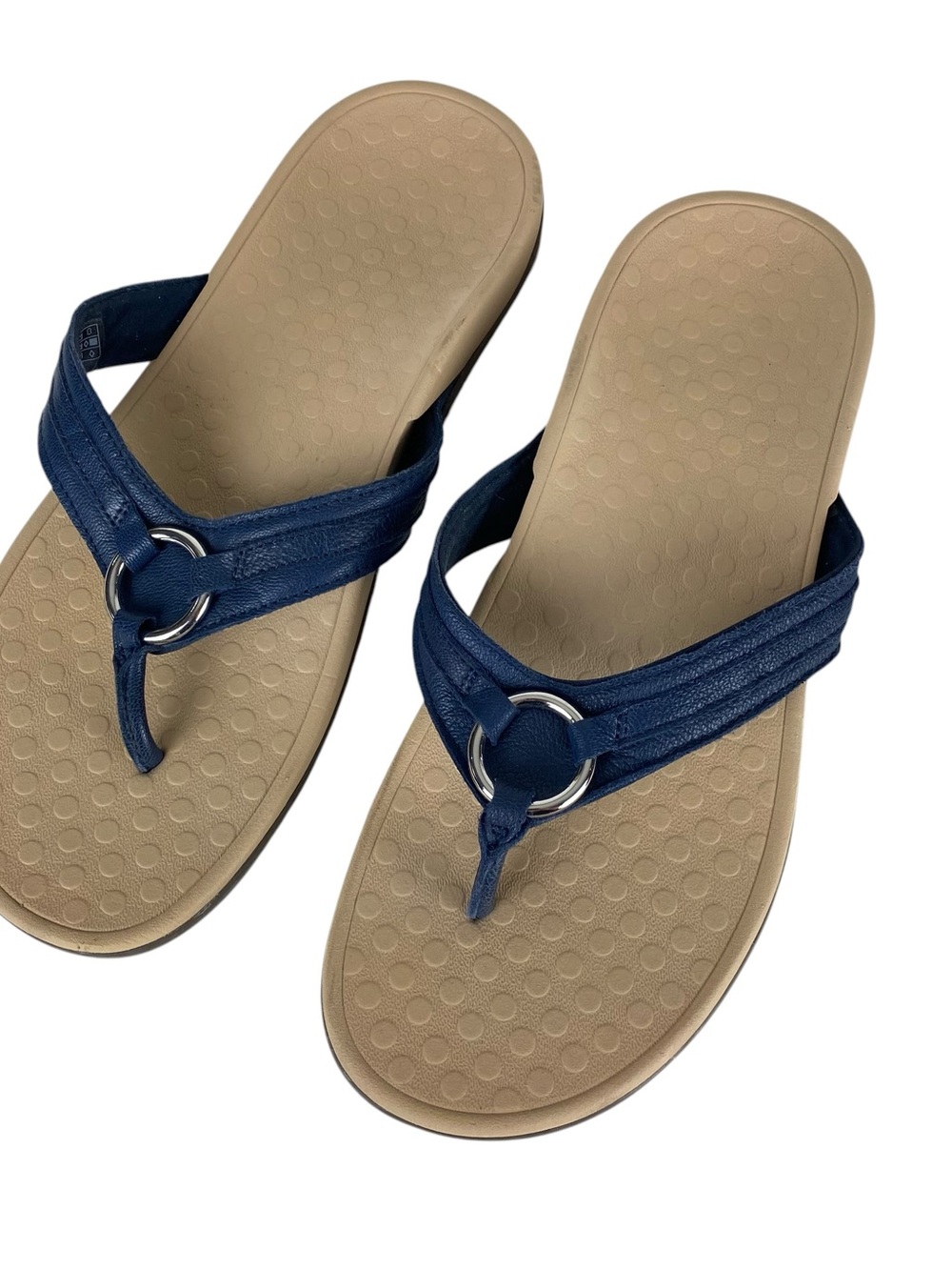 Vionic Aloe Navy Blue Leather Sandals Toe Post Orthotic Arch Thongs Flip Flops - Picture 10 of 11